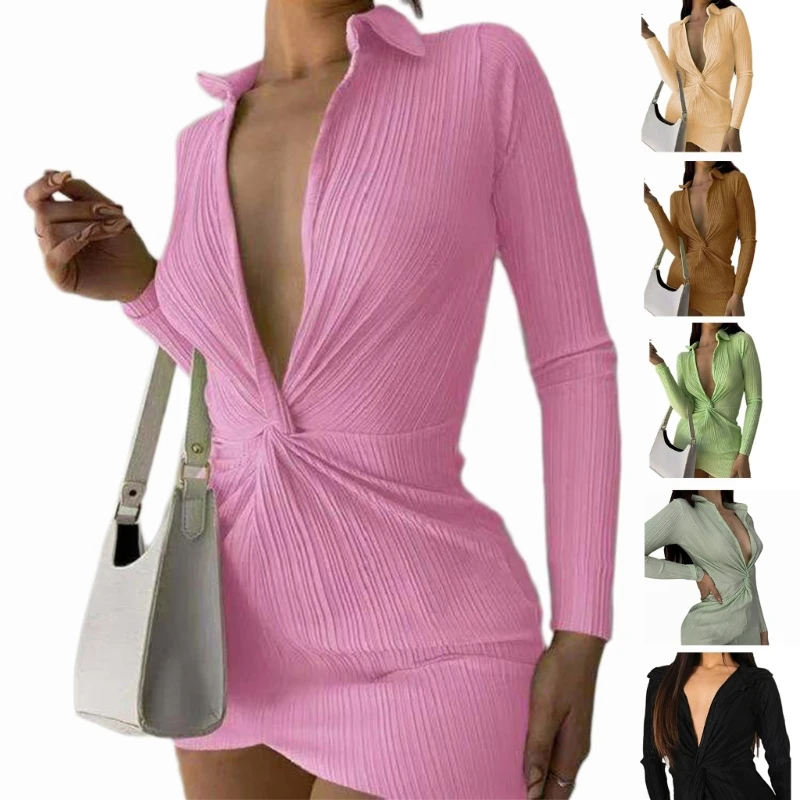 

Женское платье-рубашка с V-образным вырезом, длинным рукавом и пуговицами