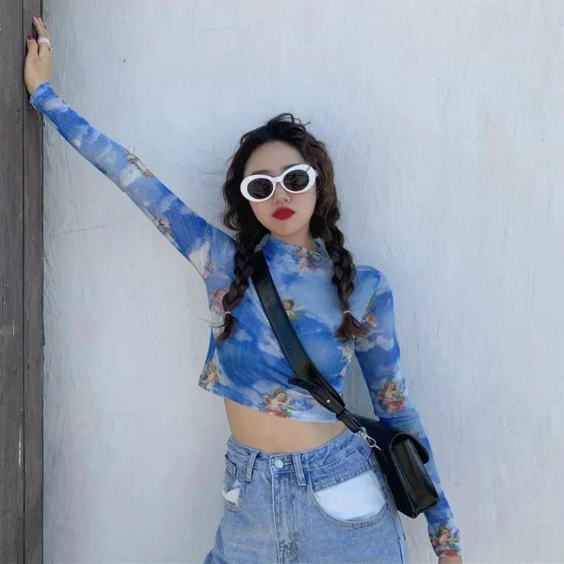 Сексуальная женская футболка с ангелом модная прозрачный сетчатый топ длинными