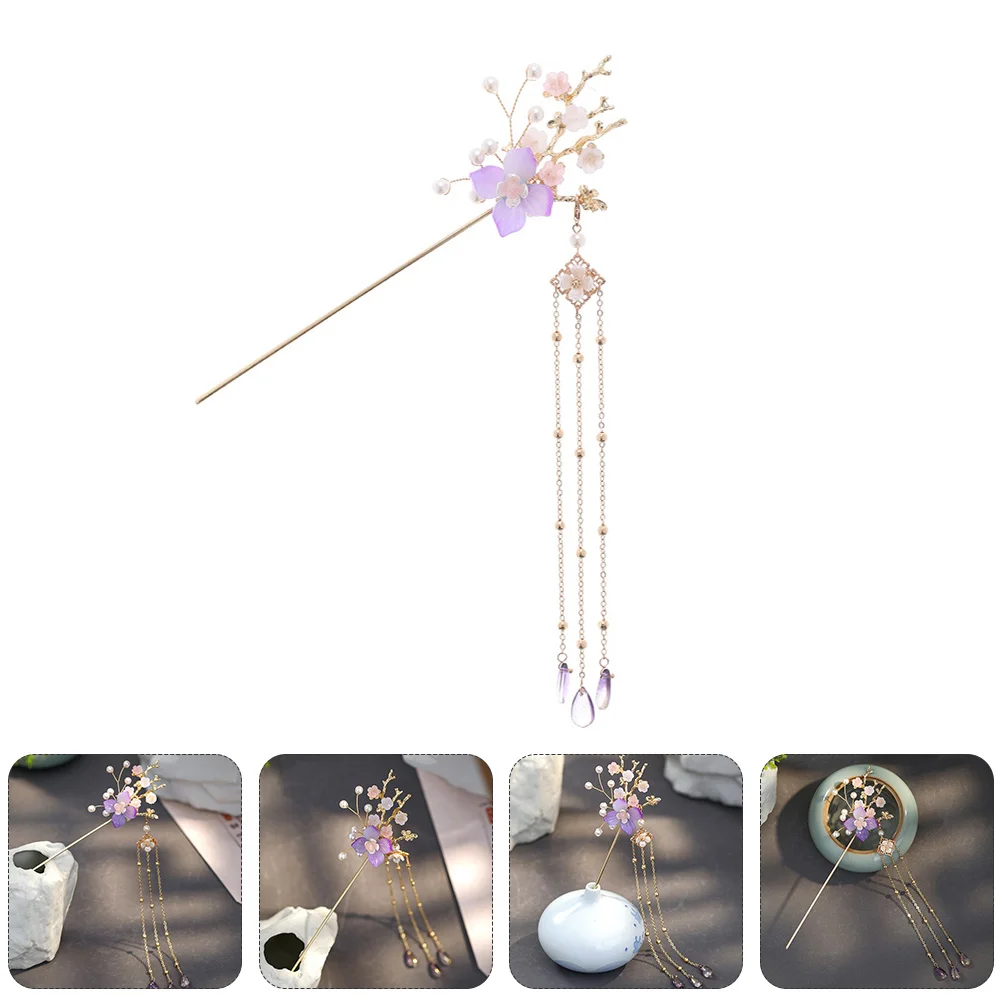 

Hairpin Headdress Stick Lady Earrings Retro Alloy Tassel Chopstick Flower Bride