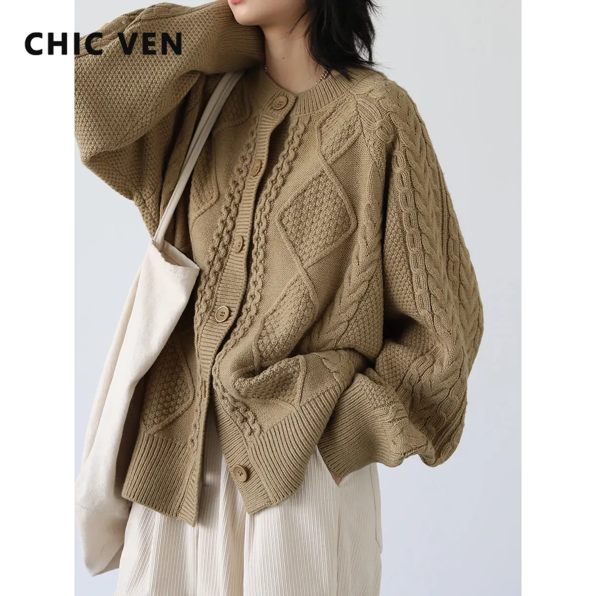 CHIC VEN Women's Cardigan Casual Loose Twisted O Neck Long Sleeve Sweaters Thick Warm Female Tops Overcoat Autumn Winter 2022