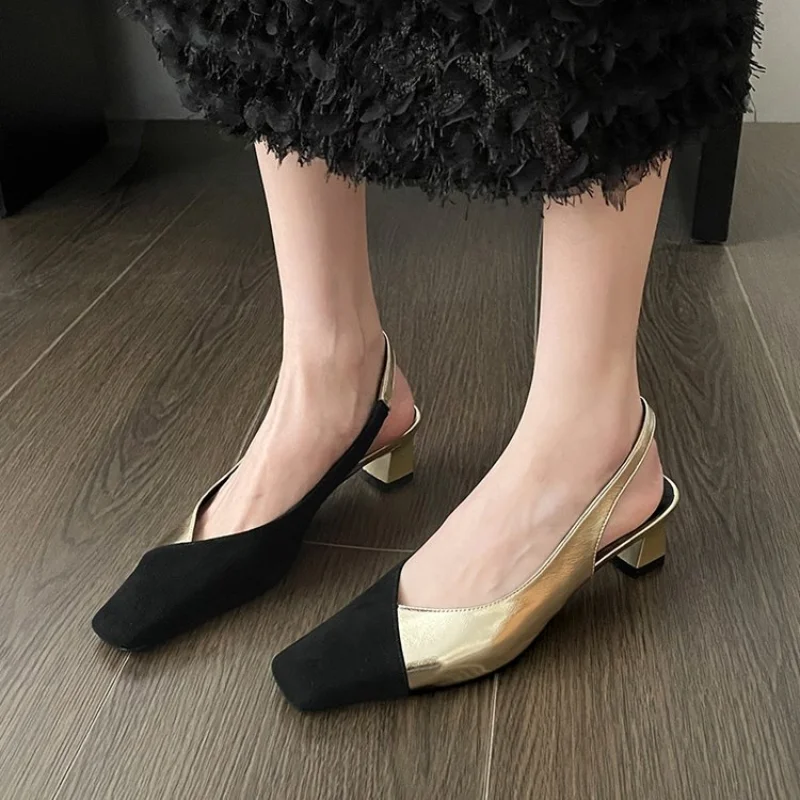 

Women Square Toe Sandals Black Toe Patchwork Pumps Gold Sliver Slingbacks Mid Heels Summer Female Dress Shoes Plus Size 35-42
