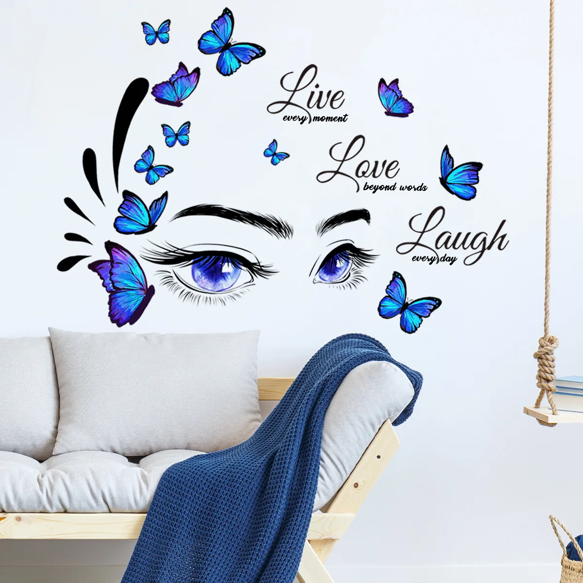 

Blue Eyes Eyelash Butterfly Wall Sticker English Live Background Wall Decoration Self Adhesive Living Room Girl's Room