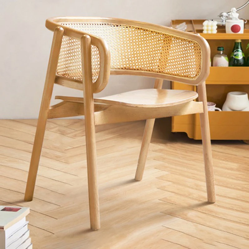 

Retro dining chair Nordic home living room rattan solid wood back chair homestay armrest dining table and chair