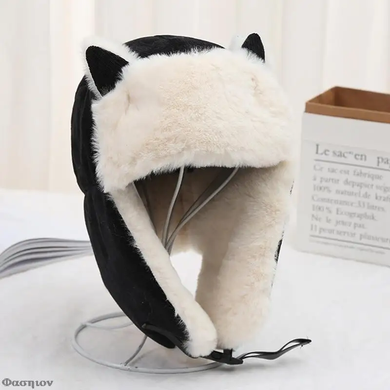

Women Warm Earmuffs Thicken Ear-flapped Hat Winter Cold-proof Warm Cotton Hat Cat Ears Cap Winter Russian Hat