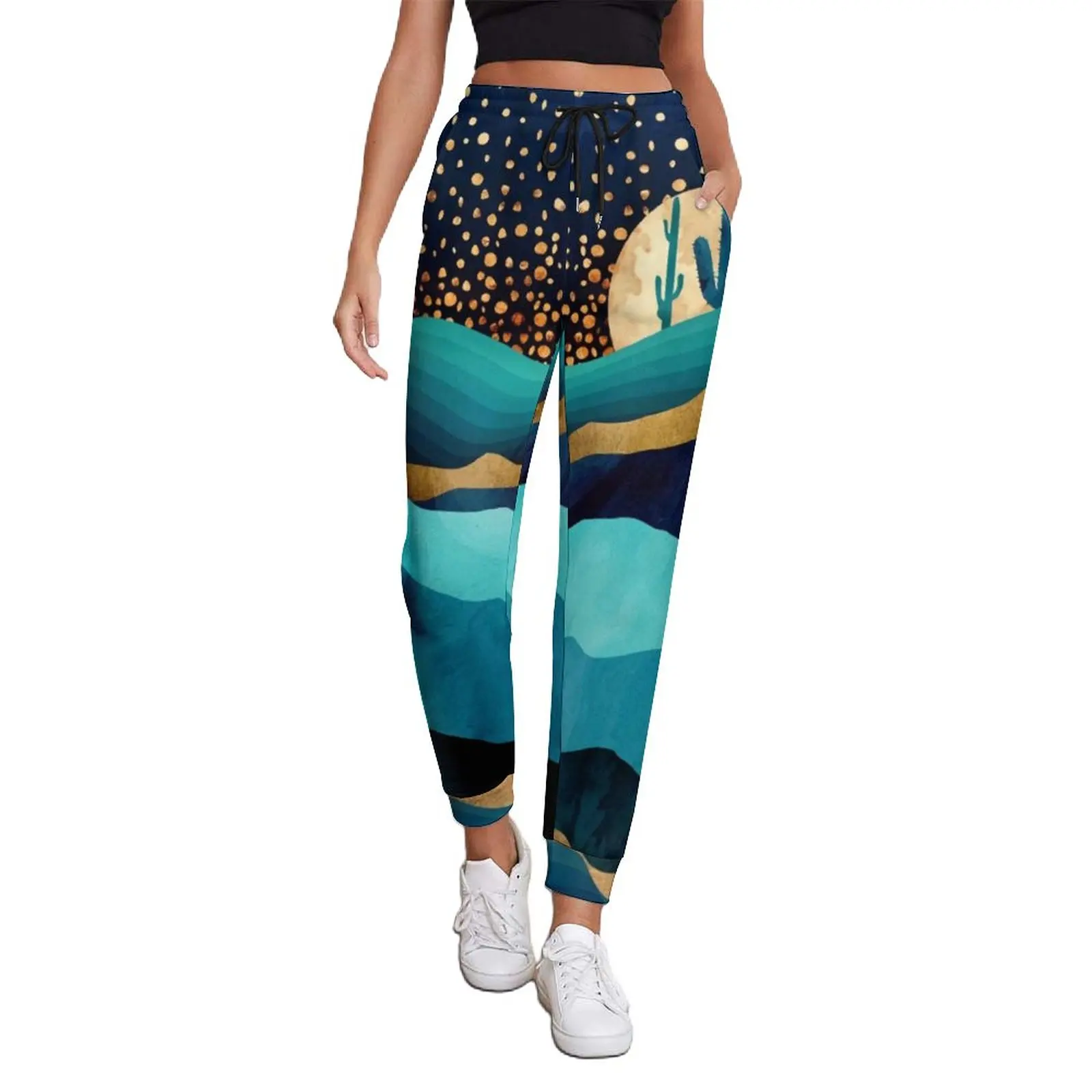 

Indigo Desert Night Jogger Pants Spring Abstract Landscape Elegant Joggers Female Streetwear Print Trousers Big Size