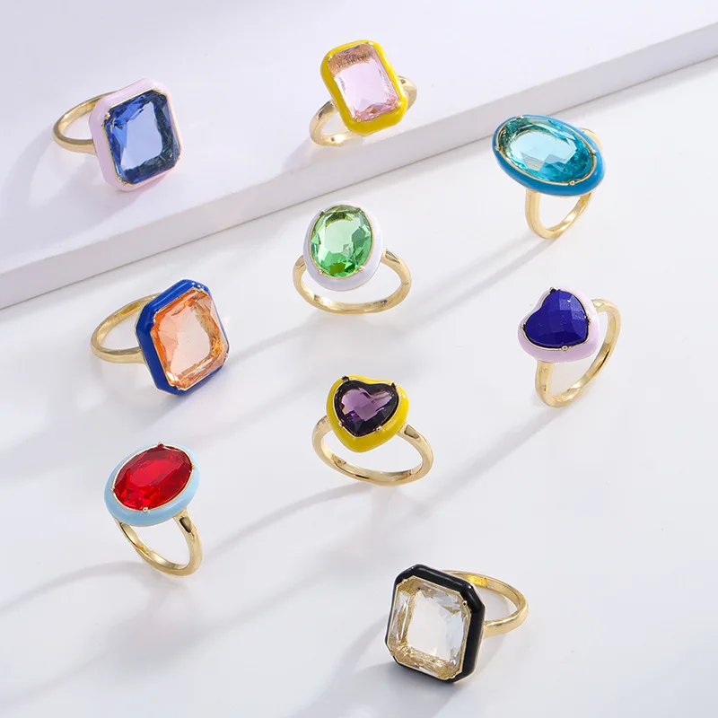 

Colorful Zircon Rings for Women Neon Color Enamel Geometric Heart Ring Aesthetic Luxury Princess Party Jewelry Girls Gifts 2023