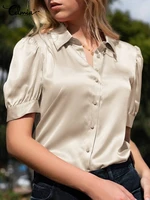 office lady summer blouses celmia vintage women satin puff short sleeve shirts fashion single breast lapel tops 2022 tunic blusa