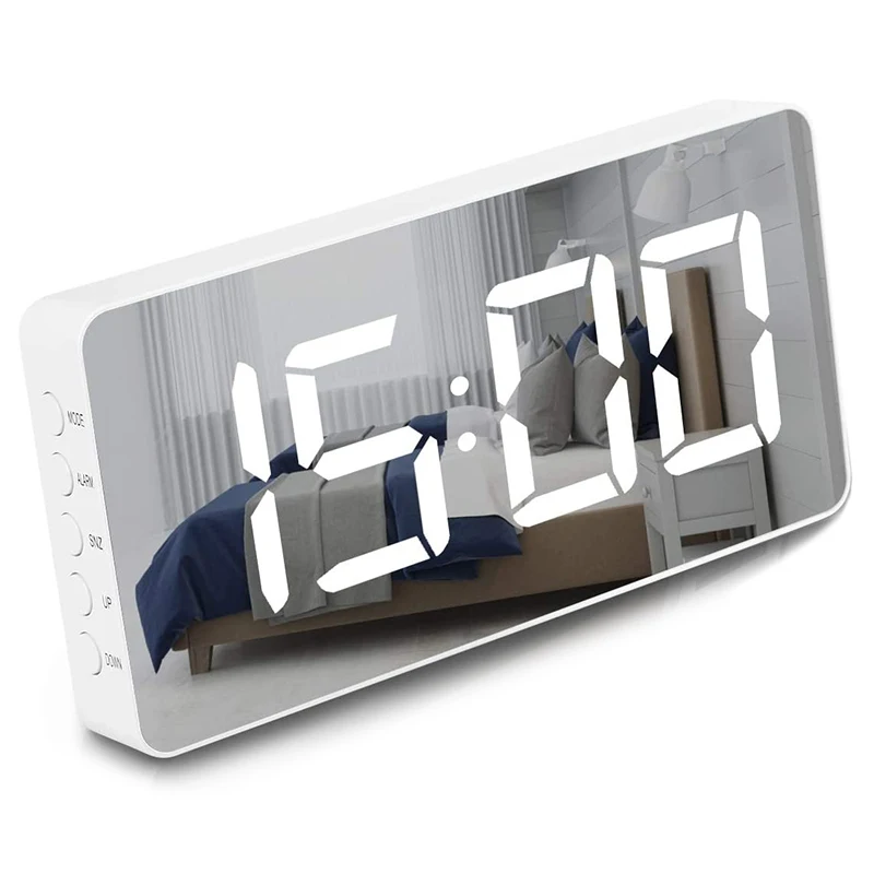 

Alarm Clock Large Mirrored LED Display Snooze Function Workday Alarm Dimming Mode Bedside Clock For Bedroom Decor