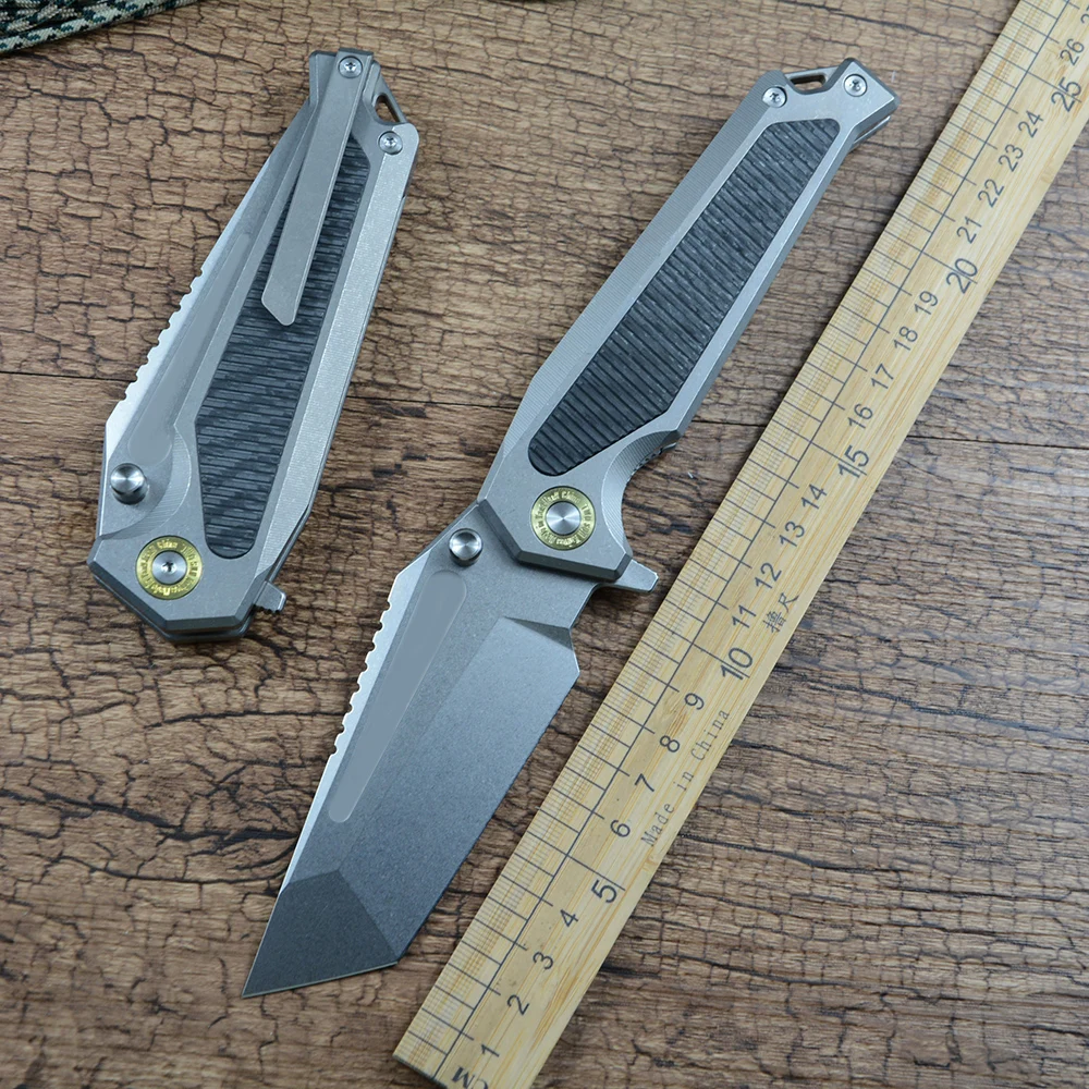 Фото Складной нож TWOSUN TS606 с клинком K110 Stonewashed, быстрое открывание флиппером, рукоять из титана TC4, для охоты и активного отдыха №1