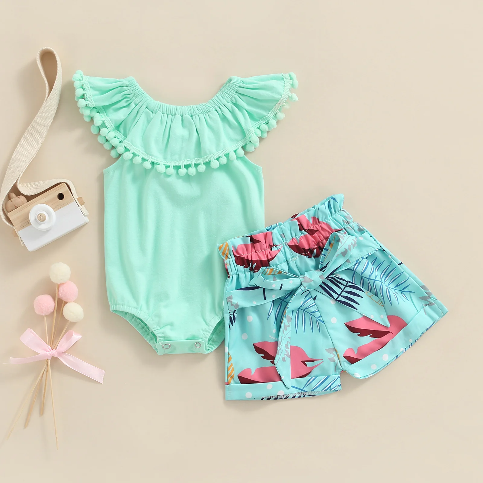 

Infant Baby Girls Summer Clothes Suit Solid Color Sleeveless Tassel Ruffle Romper Tops+leaves Printed Shorts Sets