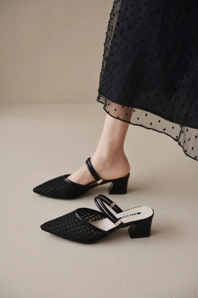 

Mid-heel Muller Shoes Electroplated Thick-heel Baotou Half Slippers Women's Thin Temperament Sandals All-match Lady Women Shoes