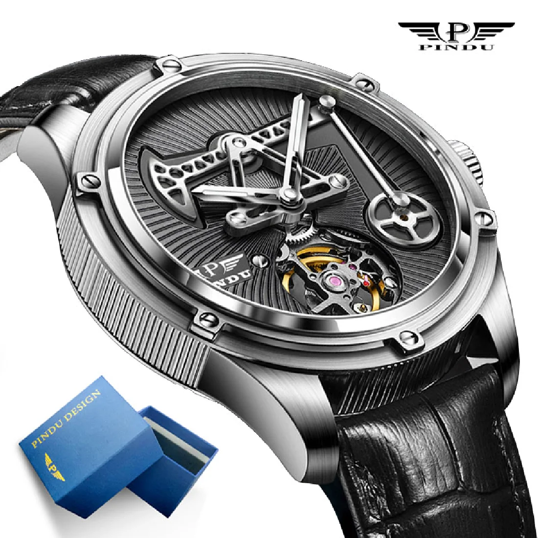 

PINDU Mechanical Watch for Men Skeleton Miyota 8215 Sapphire Mirror Luminous Waterproof Stainless Steel Men's Automatic Watch