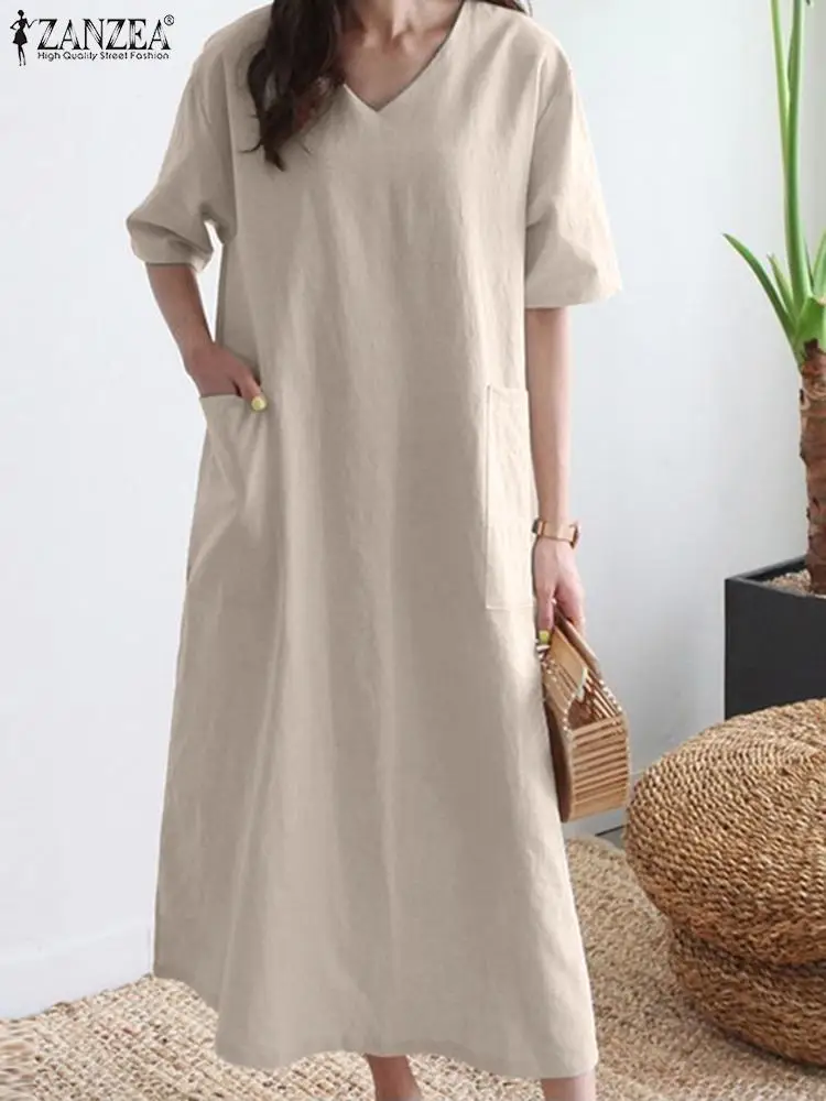 

Модные праздничные платья ZANZEA, женское летнее платье макси с рукавом до локтя и V-образным вырезом, повседневный свободный рабочий сарафан, женское платье миди