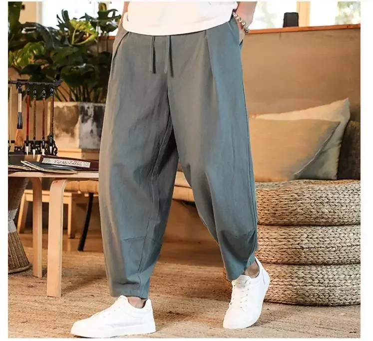 Свободные мужские льняные брюки, дышащие однотонные штаны в японском стиле, уличная одежда для фитнеса, лето