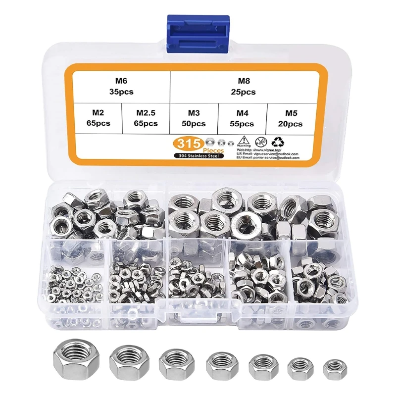 

M2/2.5/3/4/5/6/8 304 Stainless Steel Hex Nuts Assortment Kit with Box 315 Pcs