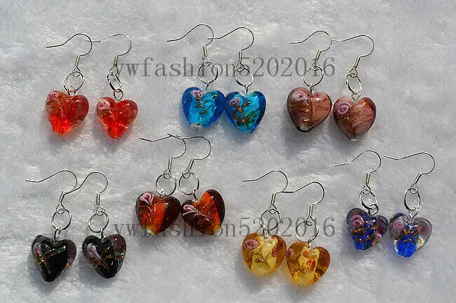 

Бесплатная оптовая продажа, партия 100 пар, серьги из муранского стекла с цветком, сердцем, посеребренными бусинами