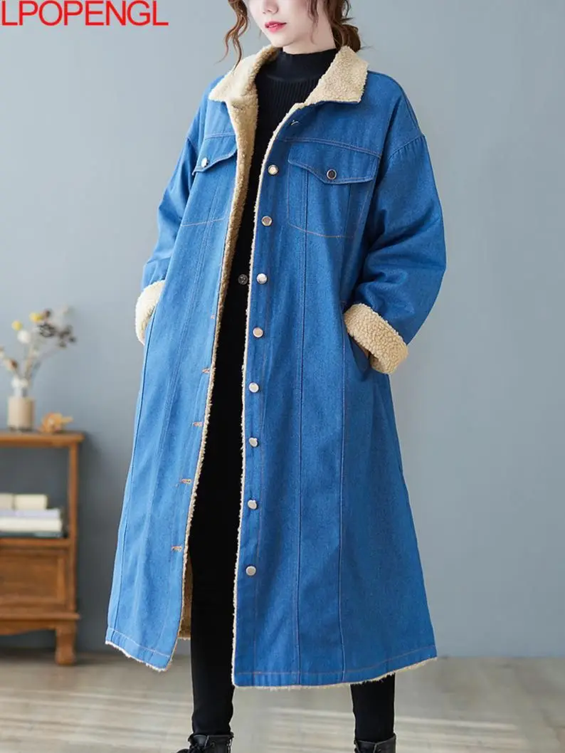 Women's Winter Lamb Wool Denim Trench Coat Mid-length Plus Velvet Thickening Loose Casual Single Breasted Office Lady Cotton Top