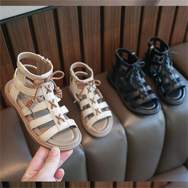 

girls sandals Summer New girls' brown lace Roman sandals Soft bottom non-slip princess shoes Fashion Kids casual shoes 26-36