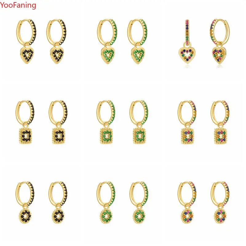 

YooFaning 925 Sterling Silver Hoop Earrings for Women Crystal Zircon Square/Round/Heart Hanging Prevent Allergy Pendientes 2022