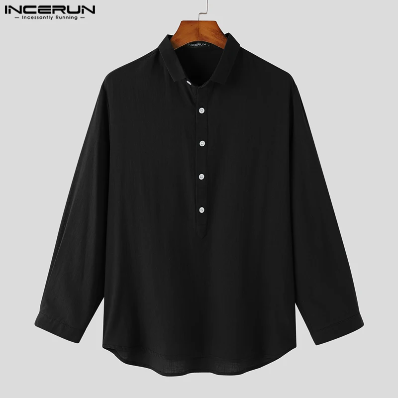 

INCERUN Tops 2023 Handsome New Mens Solid Simple Lapel Pullover Shirts Casual Streetwear Male Three-quarter Sleeve Blouse S-5XL