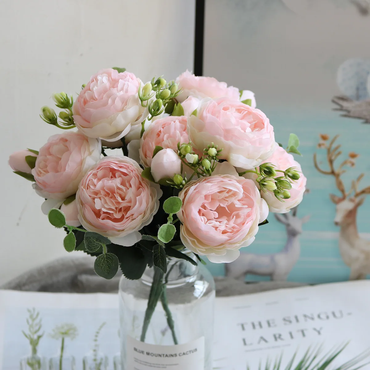 

Розовые шелковые искусственные пионы, букет высотой 30 см из 5 больших цветков и 4 закрытых бутонов, недорогие искусственные цветы для украше...