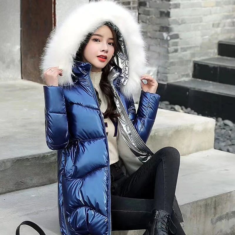 Disposable Down Jacket Bright Cotton Coat Mid-length Winter Loose Thickened Hooded Coat