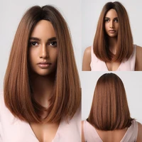 dark brown ombre synthetic wig medium length straight bob wigs middle part natural hair for women daily wigs heat resistant