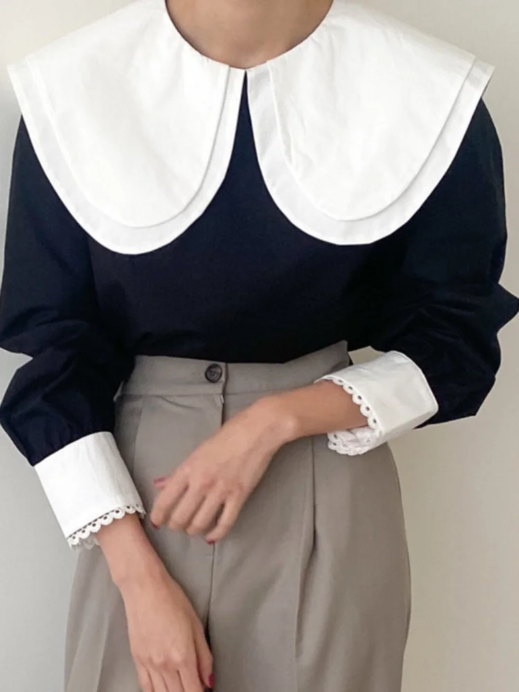 

Elegant Blusas Hit Color Patchwork Women Blouse Chic Peter Pan Collar Puff Sleeve Shirts 2021 spring New loose clothing B589