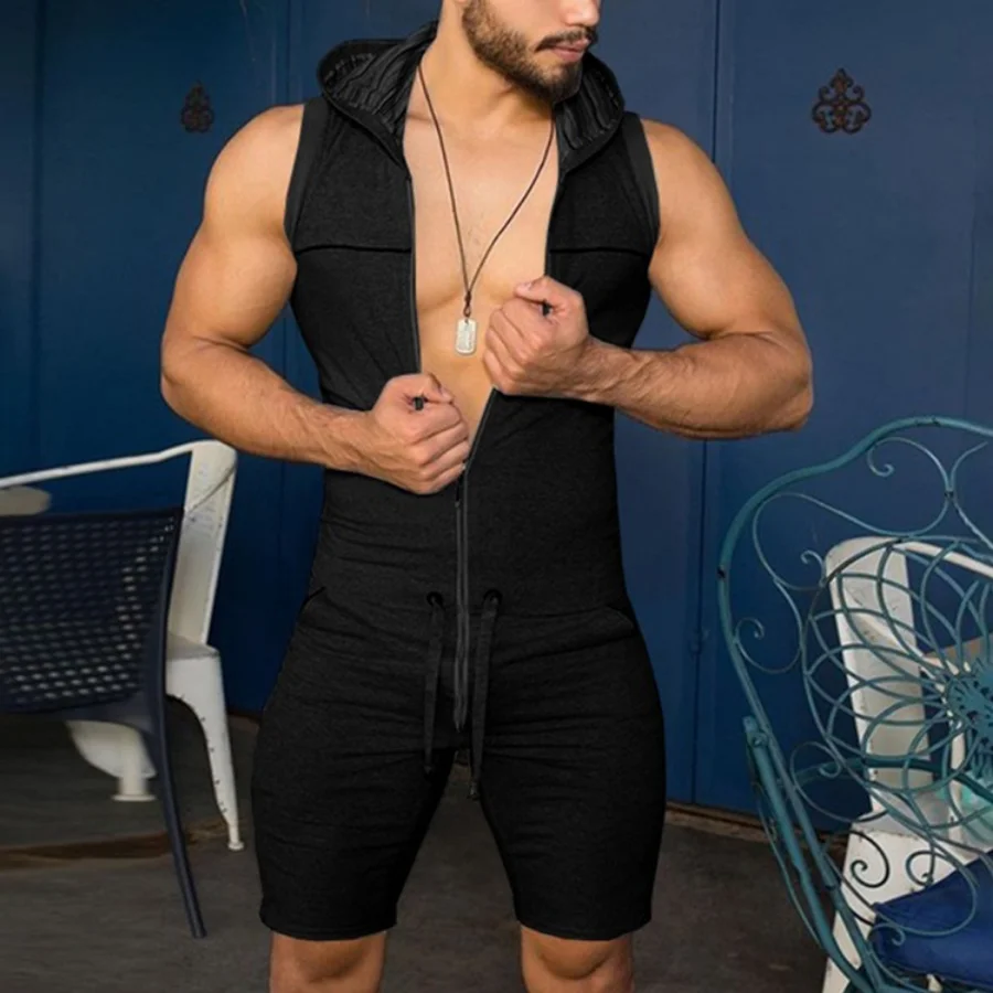 New 2023Men´s One Piece Tight Fitness Jumpsuit Zipper Sleeveless Hooded Rompers with Pockets Male Fashion Rompers Pajamas Sets