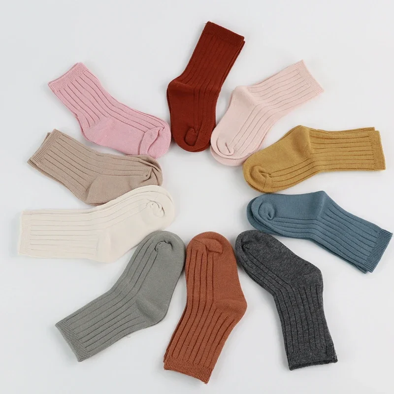 

Носки для малышей из чесаного хлопка, теплые носки на весну и осень, однотонные Дышащие носки средней длины, одежда для мальчиков и девочек, детские носки