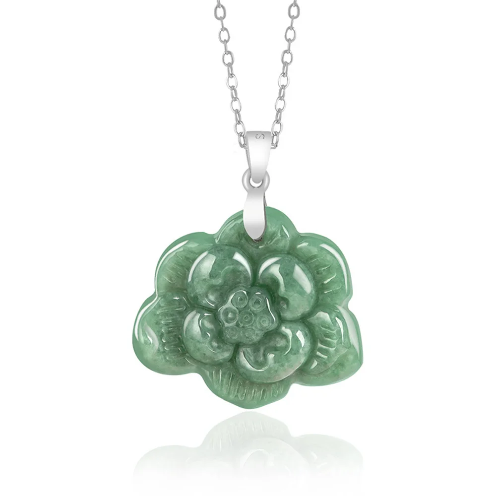 

925 Silver Natural Green Jadeite Carved Lotus Flower Lucky Pendant Amulet S925 Necklace Certificate Luxury Jade Vintage Jewelry