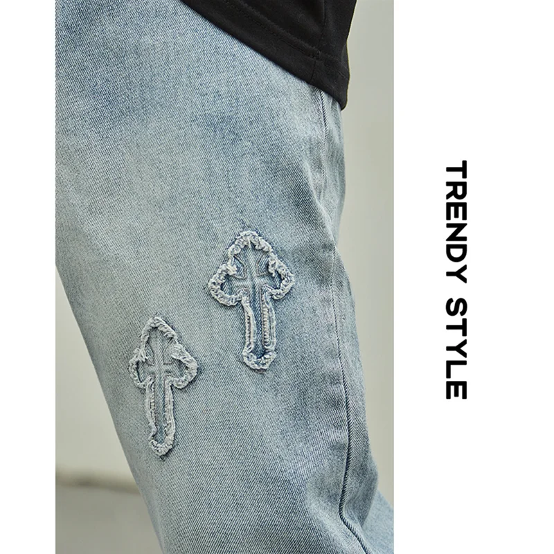 Streetwear Men 2022 New Style Cross Pattern Vintage Recreational Blue Jeans Loose Straight Cylinder Trousers Autumn Female Trend