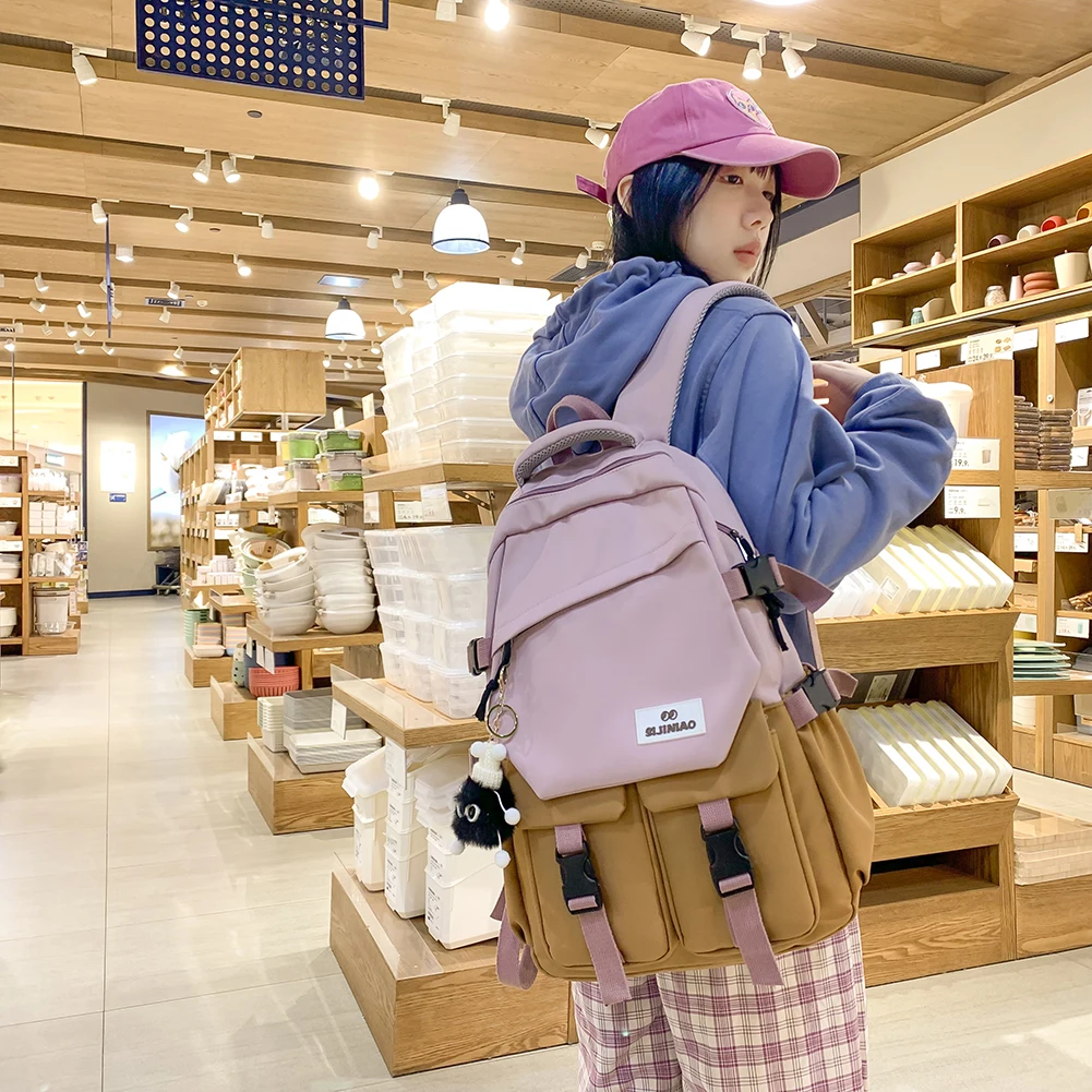 

Женский Школьный рюкзак, нейлоновые ранцы контрастных цветов, вместительный модный простой портативный рюкзак с подвеской для колледжа