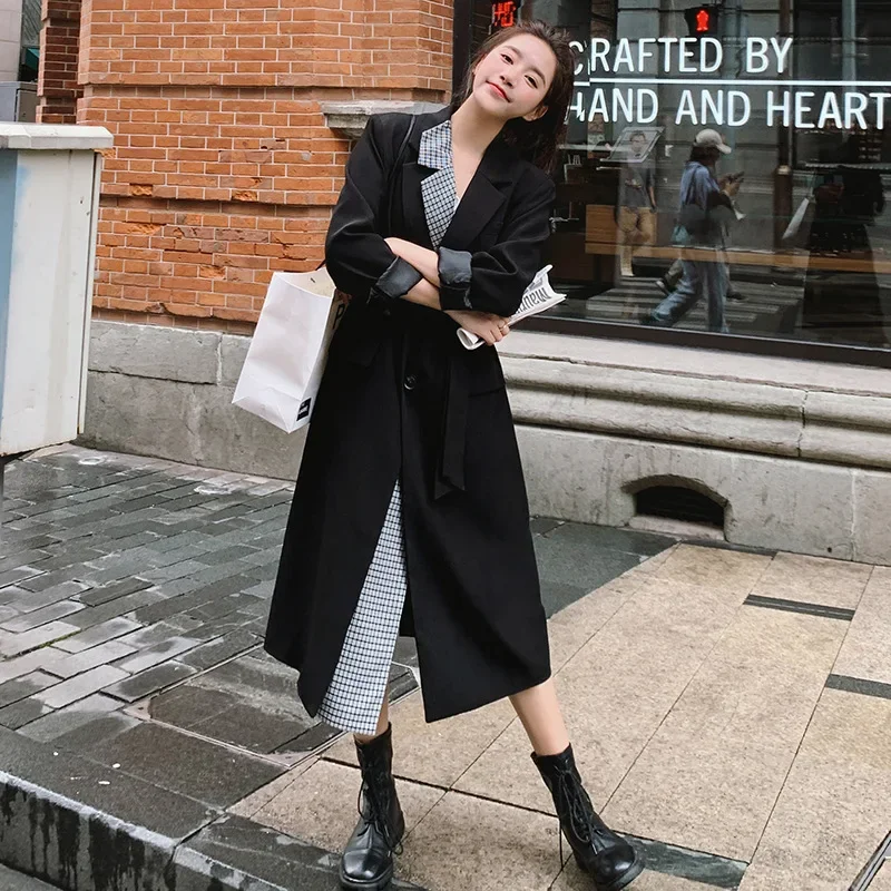 SuperAen 2024 модный однобортный длинный ветровка в клетку Корейском стиле