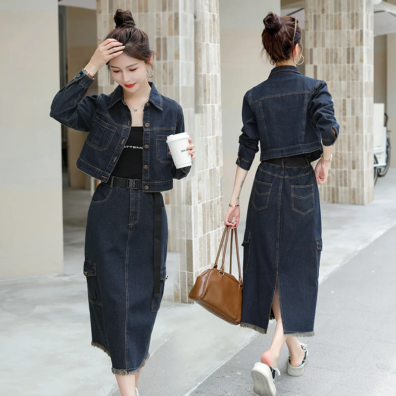 Комплект из двух предметов с юбкой Женский Осенний джинсовый пиджак и платье