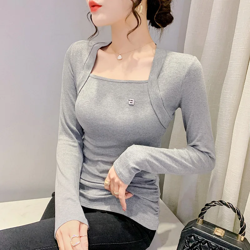 

Новинка Весна 2022, Корейская версия, тонкая облегающая футболка с квадратным вырезом и длинными рукавами, женская модная Удлиненная рубашка ...