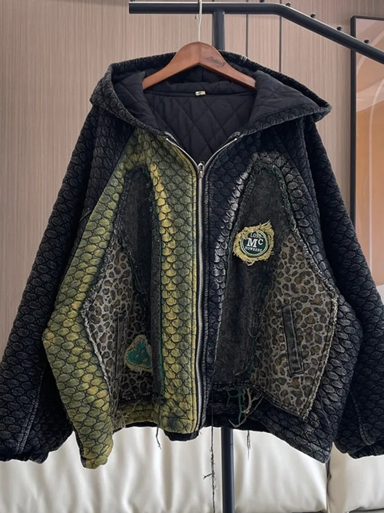 Женская джинсовая стеганая куртка с леопардовым принтом длинные рукава