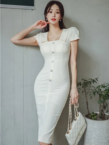 Женское элегантное офисное платье, Летнее белое однорядное Платье-футляр с квадратным воротником и декоративной пряжкой, женское платье с высокой талией