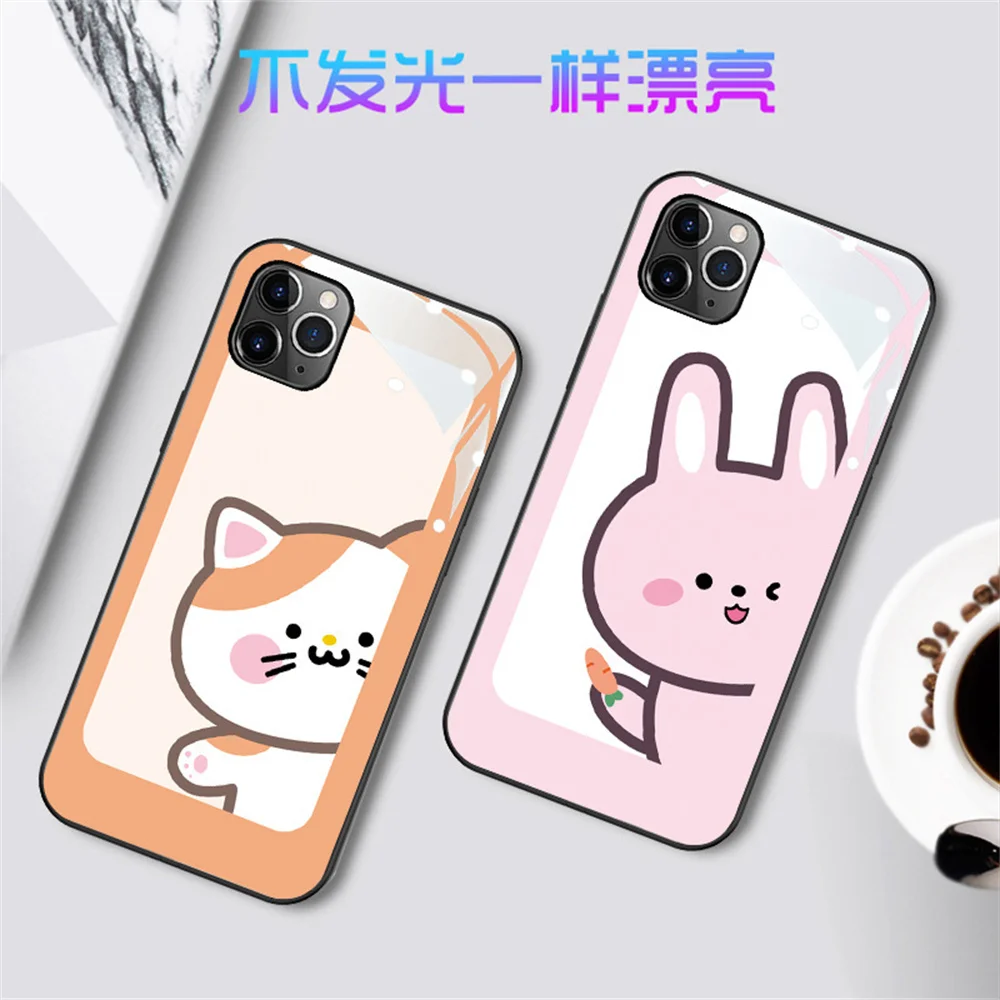 

2022 Fashion Cat Bear And Rabbit Phone Case For iPhone 13 12 Pro Max 6 6S 7 8 Plus X XR XS Call Glowing LED Light Up Glass Cover