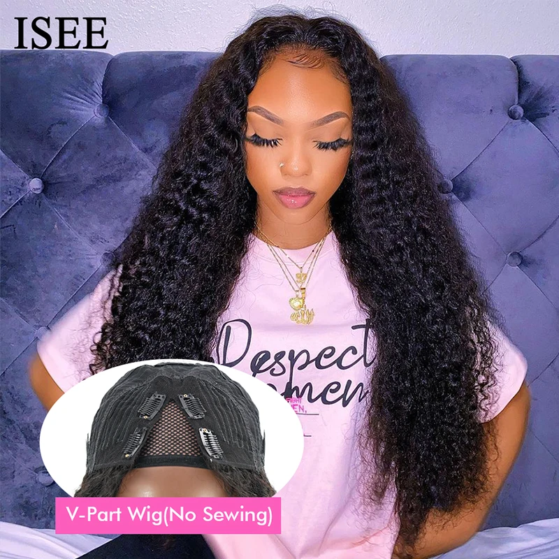 

V Part Wig Human Hair Wigs For Women Brazilian Curly Hair No Leave Out Side Part Wig Human Hair ISEE HAIR Curly Human Hair Wig
