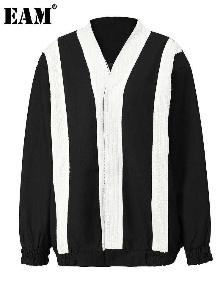 

[EAM] Loose Fit Black Striped Color-block Big Size Jacket New V-neck Long Sleeve Women Coat Fashion Spring Autumn 2023 1DF6333