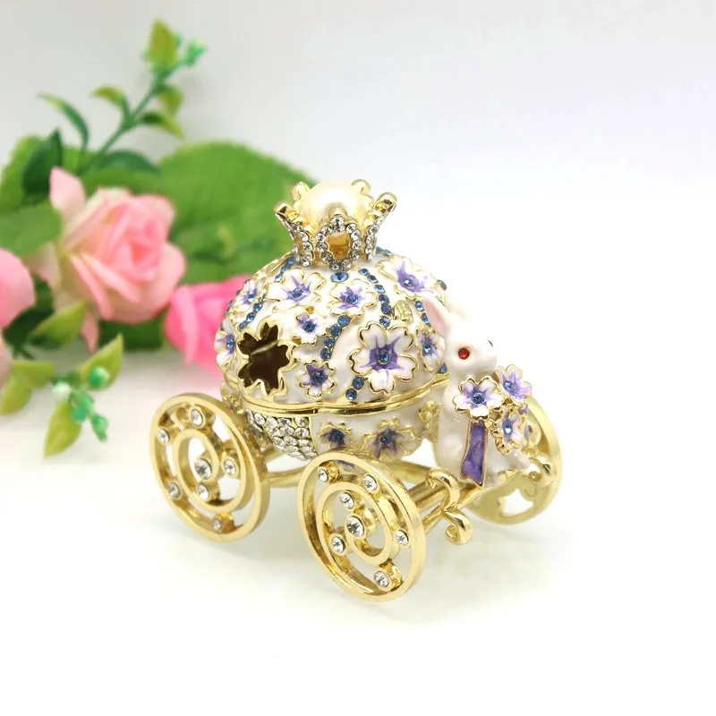 Bunny Pumpkin Carriage with Flowers Jewelry Trinket Box Hinged Hand-Painted Enamel Ornaments Gift for Home Decor