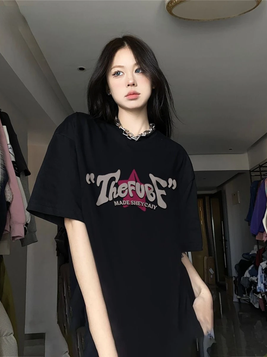 

QWEEK Streetwear Oversized Dark Tshirts Women Grunge Goth Star Graphics Print Tops American Vintage Harajuku Y2k Emo Tees Summer