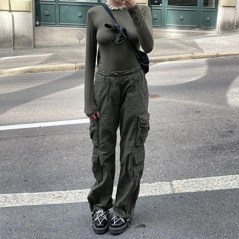

Gray Solid Hippie Y2K Pants Drawstring Low Waist Loose Casual Joggers Women Patchwork Pockets Grunge Cargo Pants