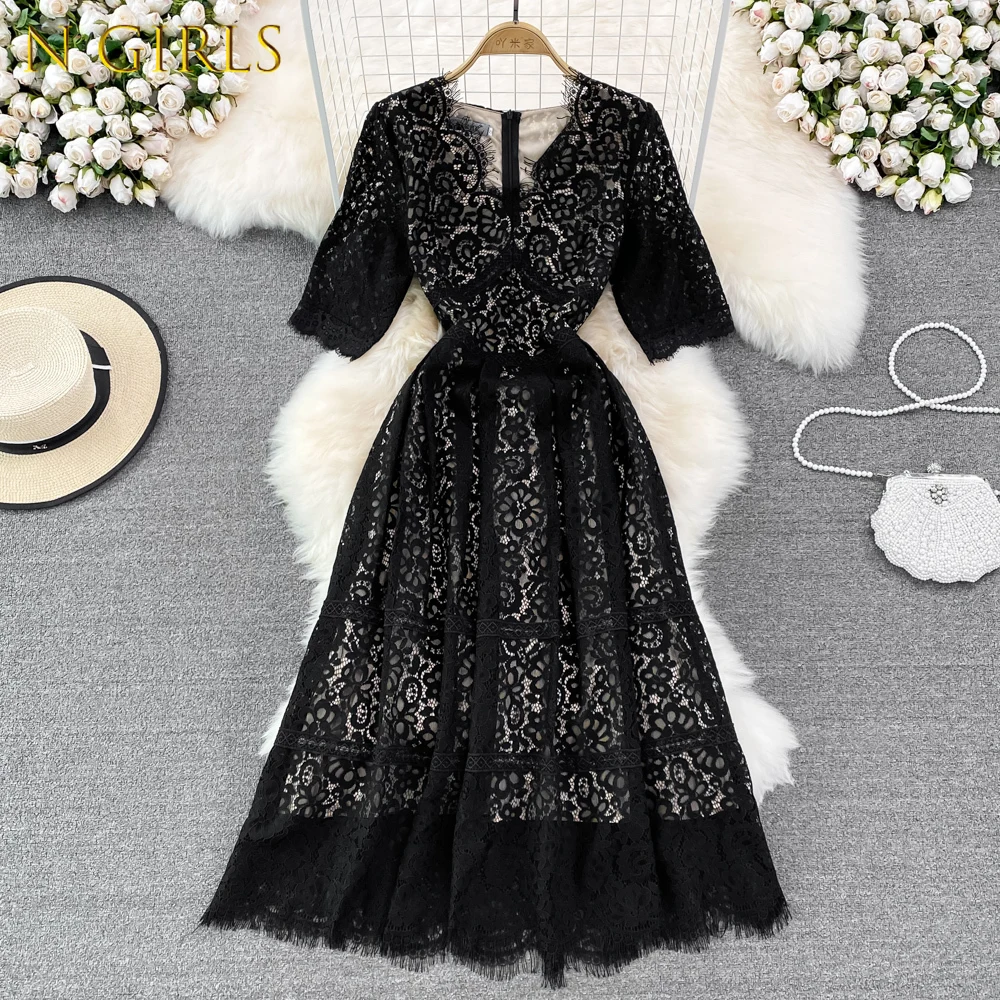 

N GIRLS N GIRLS Aibeautyer New Casual Spring Autumn Floral Print Slim Lady Short Dress A Line V Neck Chiffon Pullover Mid-Calf