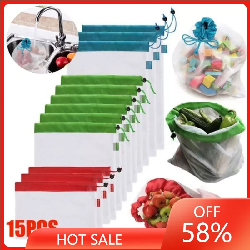 

5/15pcs Eco Friendly Washable Mesh Produce Bags for Grocery Shopping Storage Reusable Fruit Vegetable Kitchen Storage