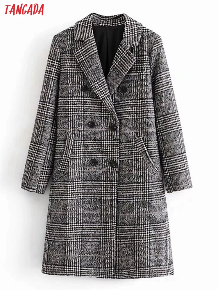 

Tangada 2021 Women Gray Houndstooth Thick Long Coats Loose Long Sleeves Pocket Office Ladies Elegant OverCoat 3W102