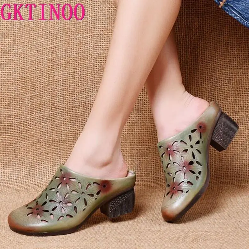

GKTINOO 2022 New Summer Sandals Handmade Genuine Leather Women Slippers Retro Shoes Flower Flat Summer Sandals