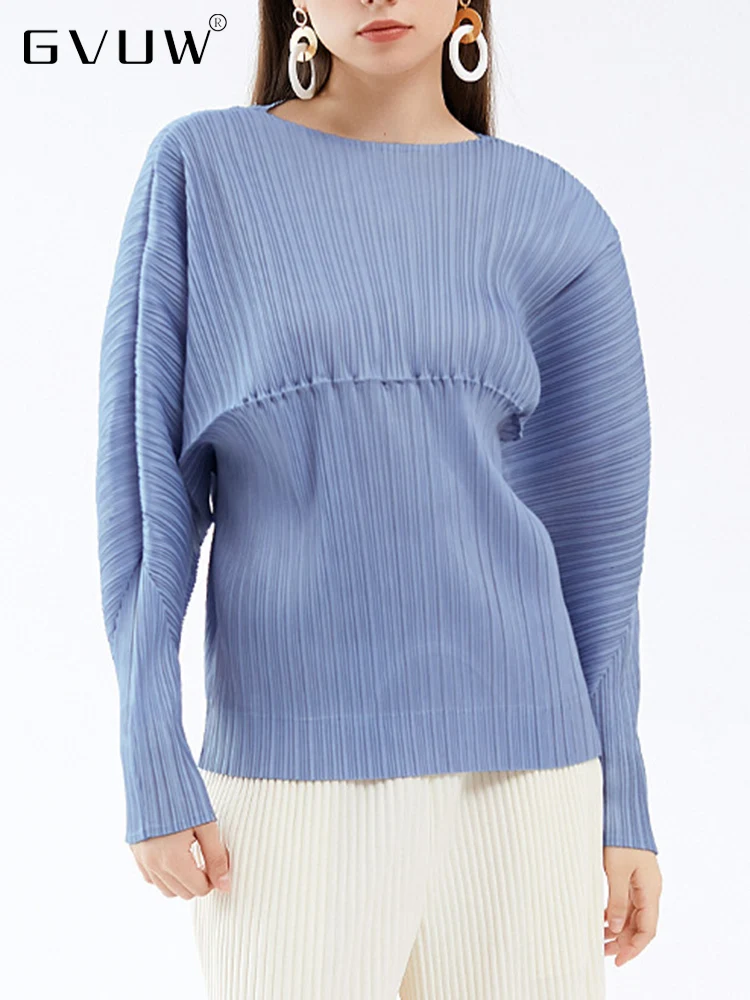 

Женская плиссированная футболка GVUW, модель 17D7048 на весну 2023 года, однотонная, с длинным рукавом, круглым вырезом, свободная, шикарная, в стиле...