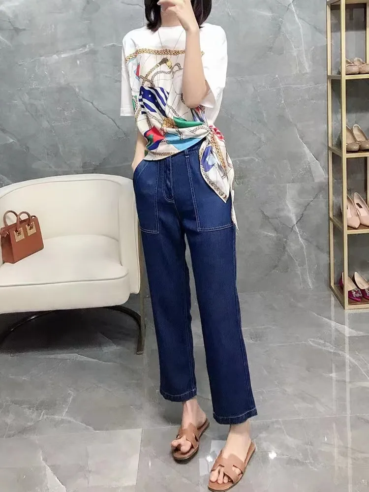 Женская шелковая футболка в западном стиле с коротким рукавом и V-образным